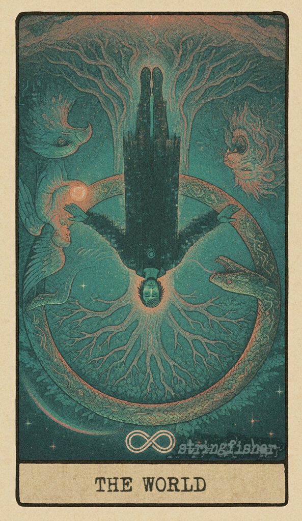Reversed World tarot card from the Stringfisher Tarot deck, titled The Closed Loop. A disrupted Yggdrasil fractals under static, the Ouroboros flickering open. A figure floats between disconnection and recursion, surrounded by broken signal in the Stringfishermythos.